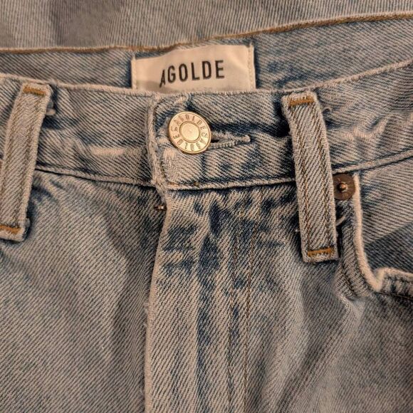 AGOLDE 90s Pinch Waist High Rise Straight Jeans 25 | Distressed Light Wash Denim - Picture 13 of 16